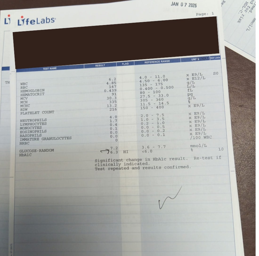 LifeLabs blood test from January 2026 showing A1C of 6.3 percent after 3 months